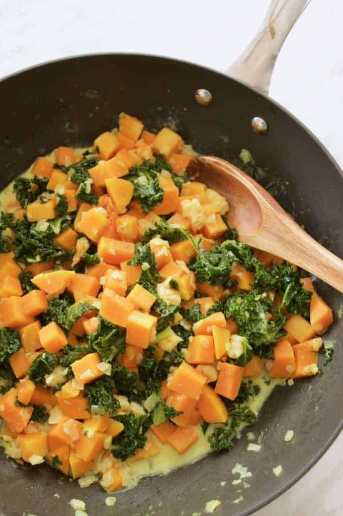 Squash and Kale in Coconut Milk in Pan