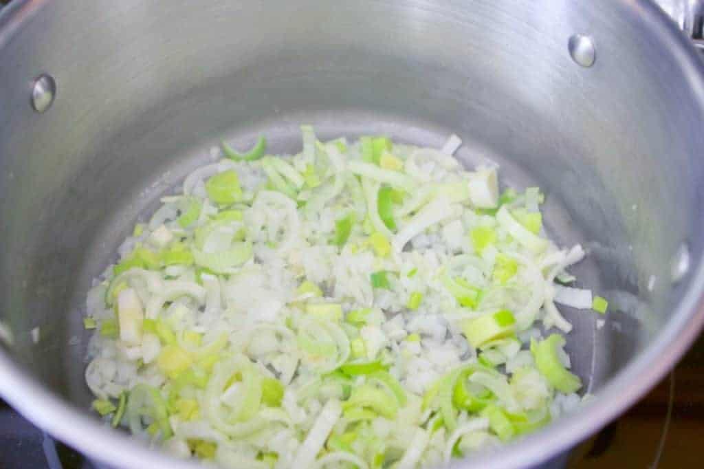 Leeks and onions in pot
