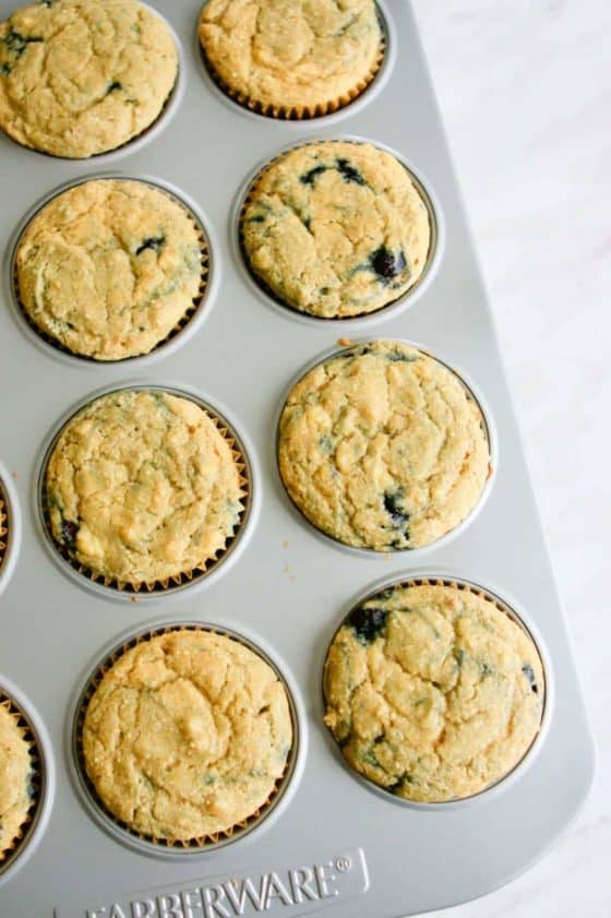 Blueberry Banana Sourdough Muffins in Pan | melissatorio.com