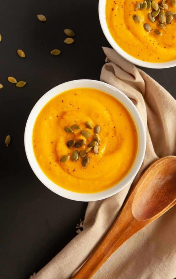 Roasted Butternut Squash and Cauliflower Soup in bowls